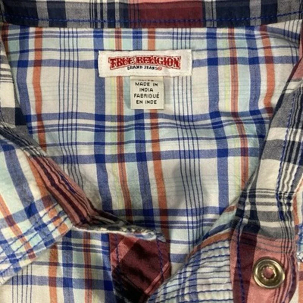 True Religion‎ Pearl Snap Western Shirt XL Blue Red Plaid Cowboy Y2K Preppy